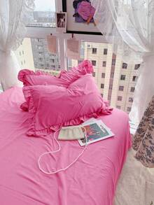 Set Sprei Lembut Ramah Kulit 3pcs Warna Merah Mawar Krem Gaya Feminin dengan Pinggiran Bergelombang, 3 Buah (1*Sprei + 2*Sarung Bantal), Cocok Untuk Kamar Tidur, Kamar Tamu, Semua Musim, Dapat Dicuci dengan Mesin - Rose Red - View 6