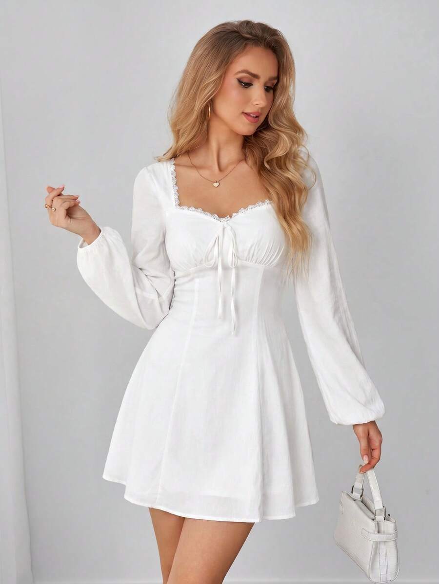 PARTHEA Cute White Long Sleeve Backless Sundress For Women, Sweetheart Neck Short Mini Dress With Frill Detail And Lace Trim - White - View 1