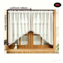 2pcs Solid Color Sheer Semi-Transparent Curtains, White Sheer Small Curtains, Fashionable Pom Pom Decor Curtains, Suitable For Cafe Decor, Living Room, Bedroom, Balcony, Room Divider, Small Window, Entryway Decor - White - View 9