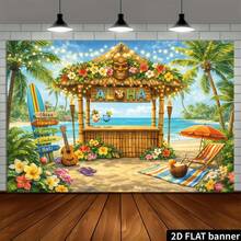 1 pieza Pancarta de fondo de bar Palapa de bambú Aloha de Hawái, palmeras tropicales, guirnalda de frangipani, imagen de fondo de tabla de surf, adecuada para fiestas de piscina de verano, cumpleaños con tema de isla, estilo tropical, etc. - A - Ver 6