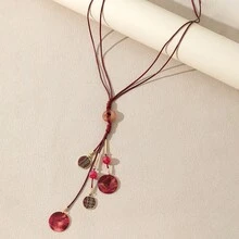 1 Collar De Cadena De Cuerda Encerada Con Placa Colorida Esmaltada En Forma De Y Con Cuentas Estilo Bohemio, Color Aleatorio - Burdeos - Ver 5