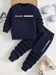 Young Boy Letter Print Crew Neck Long Sleeve Top And Pants Set - Royal Blue - View 1