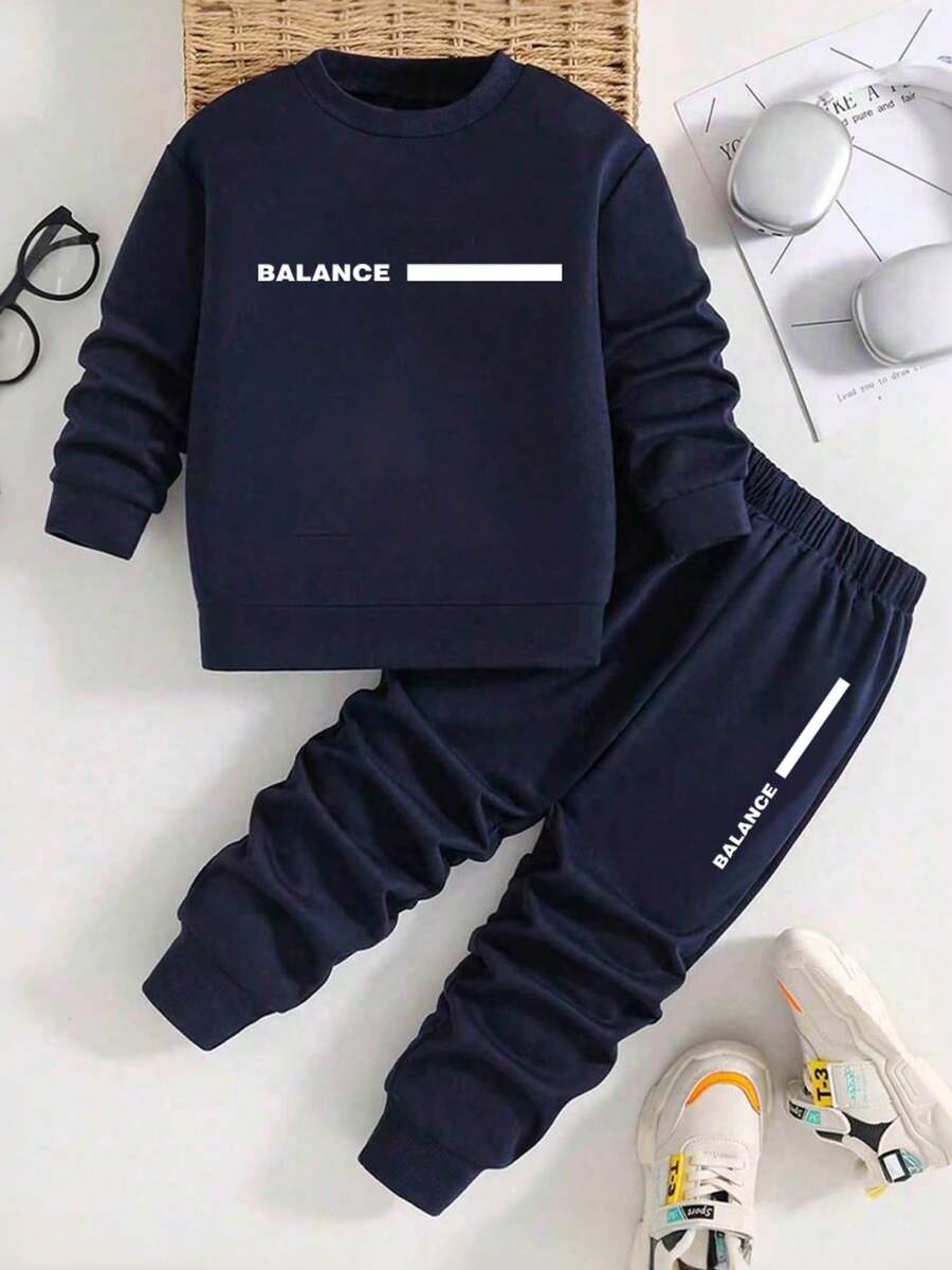 Young Boy Letter Print Crew Neck Long Sleeve Top And Pants Set - Royal Blue - View 1