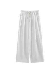 Pantalones holgados de cintura alta con rayas y pierna ancha, cintura con cordón, versátiles (patrón de rayas aleatorio) blanco - Blanco - Ver 5