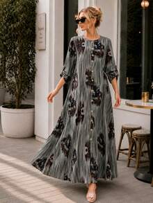 Plus Size Printed Maxi Dress for Women Long Sleeve Button Down Bohemian Casual Dress with Pockets - 米色 - 查看 6