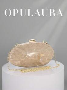 OpulAura 新款時尚不對稱金屬方盒手拿包，歐美風復古迷你方盒晚宴包，正式派對包，雞尾酒會錢包，舞會包，金色婚禮新娘肩背斜挎鏈條包 - 杏色 - 查看 3
