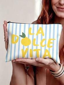 Blau-weiß gestreifte Zitronen-Kosmetiktasche/Italienischer Vibe/Frischer Party-Hot-Style/La Dolce Vita Vintage Aufbewahrungstasche/Touch-Up wie im Urlaub - Verschiedenfarbig - Übersicht 2