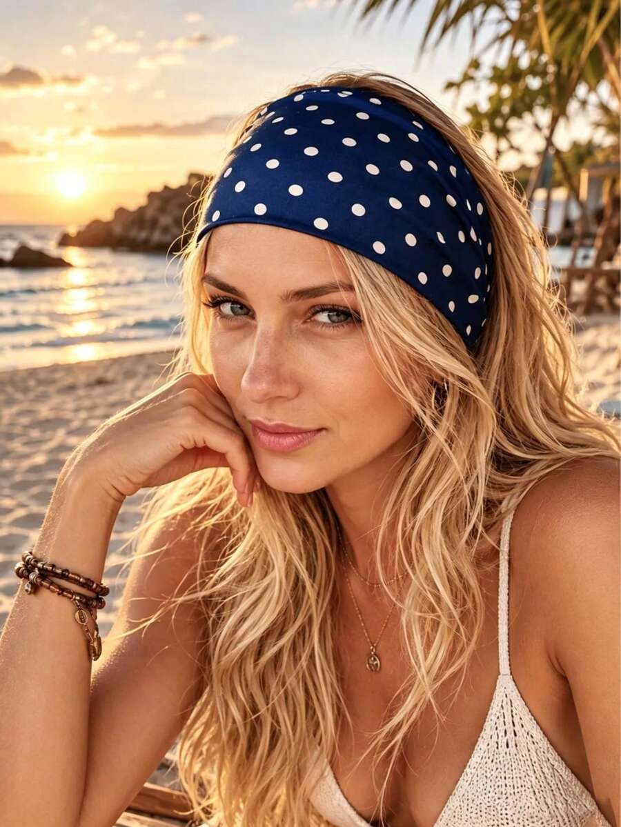 1 pieza: Elegante diadema ancha de estilo bohemio, diadema elástica de lunares de moda para invierno, diadema deportiva antideslizante - Multicolor - Ver 1