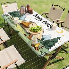 1pc Happy Camping & Picnic Pattern Elastic Tablecloth, Outdoor Camping & Patio Essential, Rectangular Tablecloth With Camper & Nature Design, Durable Tablecloth, Picnic Table Cover - A - View 17