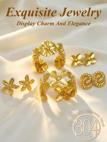 Juego de 5/9 piezas, Juego de joyas de acero inoxidable lujoso y elegante para mujer, Juego de joyas de tono dorado premium, Juego de pulsera y aretes minimalista de moda, Incluye aretes con forma de flor y hoja y pulsera con forma de flor, Varios estilos, Juego de aretes hipoalergénicos, Versátil y elegante, Opción de regalo perfecta para amigas en vacaciones. - Conjunto de joyas - Ver 7