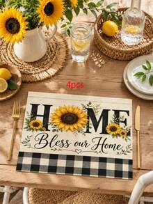 1 pieza Camino de mesa con patrón de girasol a cuadros amarillo & blanco, estilo campestre, decoración del hogar y cocina, 1 pieza camino de mesa, 4 piezas manteles individuales, 1 pieza funda de almohada, juego de camino de mesa & manteles individuales, múltiples combinaciones de productos disponibles, decoración del hogar suministros para fiestas interiores & exteriores, decoración de habitación. Adecuado para decoración del hogar y cocina en primavera & verano y decoración de fiestas - Multicolor - Ver 12