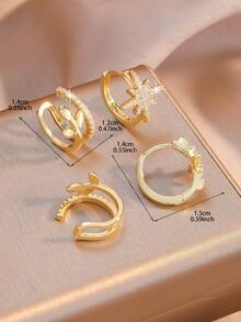 6pcs/Set European & American Style Octagonal Star Fully Rhinestone Earrings, Multi-Layer C-Shaped Micro-Pave Rhinestone Ear Clips, Niche Design, Exquisite Earrings, Women's - Gold - View 5