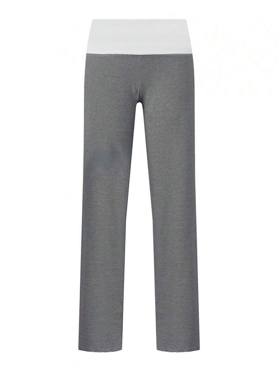 Pantalones Rectos de Mujer con Cintura Doblada, Color Liso, Primavera-Verano, para Salidas y Vacaciones, con Buena Caída y que Disimulan la Figura - Negro - Ver 1