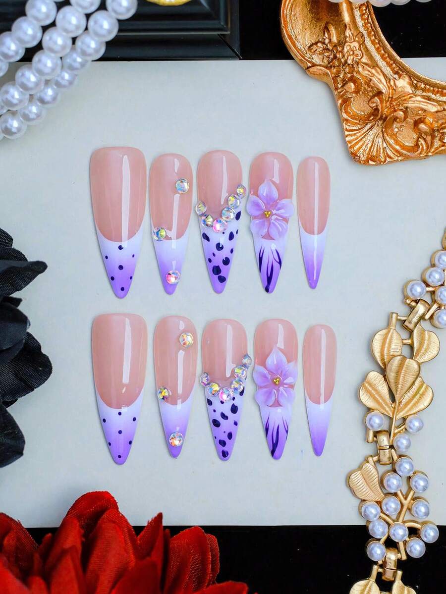 10 buah Kuku Tempel Lancip Buatan Tangan, Gaya Seni Kuku Musim Panas, Kuku Berhiaskan Berlian Imitasi Polka Dot Ungu Gaya Prancis, Bahan Akrilik Premium, Cocok untuk Pemakaian Sehari-hari dan Liburan Wanita