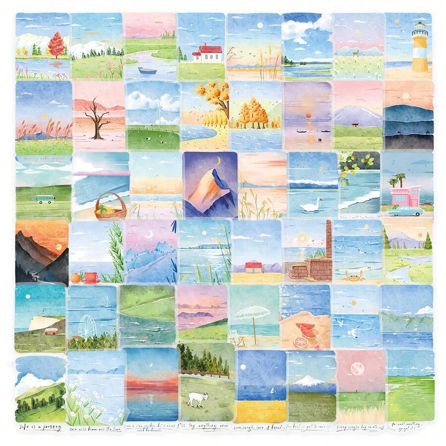 50 Peças Autocolantes de Paisagem e Cenário em Aguarela para Decoração de Diário e Scrapbook Lukesen Material Escolar - 50 unidades - Ver 1