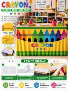1 pieza Falda de mesa elástica de spandex para regreso a clases, mantel ajustado con estampado colorido de crayones, adecuado para escritorio de maestro, decoración de fiesta de bienvenida en el aula, mantel reutilizable con tema de aprendizaje para eventos de exhibición - Multicolor - Ver 2