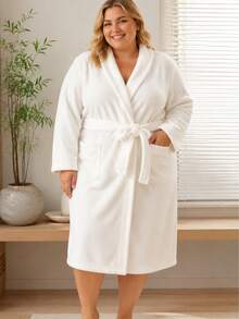 1pc White Plus Size Bathrobe Unisex Bathrobe Lapel Long Robe Solid Color Long Sleeve Loungewear Thick Coral Fleece Soft Absorbent Shower Hotel Pool Spa Couple Pajamas - White - View 7