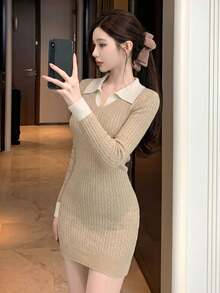 2026 春季新款学院风二合一 Polo 领撞色扭结针织连衣裙，性感修身 Pure Desire 长袖迷你连衣裙 - 卡其色 - 查看 3