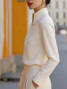 Elegant Long Sleeve Stand Collar Blouse, Minimalist Design, Suitable For Office And Formal Occasions - Apricot - View 2