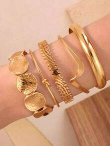Minimalist Ins Style Gold Bangle Set, Embossed Round Disc Twisted Smooth Surface Bracelet, Blogger Style Accessory, Sleek High-End Design - Gold - View 1