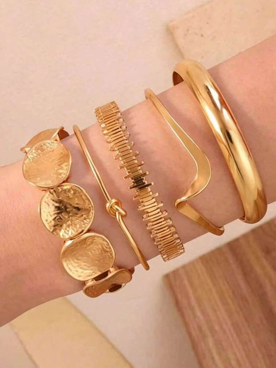Minimalist Ins Style Gold Bangle Set, Embossed Round Disc Twisted Smooth Surface Bracelet, Blogger Style Accessory, Sleek High-End Design - Gold - View 1