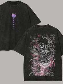 Men's And Women's T-Shirt With Japanese Demon And Kanji Print, Washed - Soft, Loose-Fitting Crew Neck T-Shirt, Suitable For Everyday Wear, Travel, Gym, Casual Wear - 白色 - 查看 1