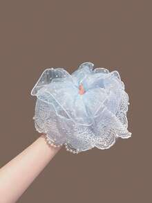 1件溫柔豆沙粉雙層刺繡網紗珍珠蕾絲大腸圈髮圈，女款仙氣精緻彈性髮帶，法式輕奢甜美風，適合日常通勤、溫柔約會、宴會派對、草地婚禮，氛圍感十足重工面料髮飾 - 彩色 - 查看 5