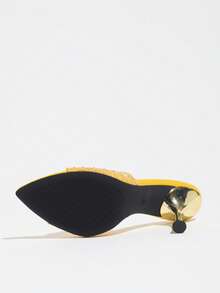 Sandalias de tacón alto para mujer con punta fina, color amarillo jengibre, forma de abanico, malla de encaje y adornos de strass, tacón tipo copa de vino, cómodas y premium, para discoteca, actividades al aire libre, zapatos de dama de honor para boda, zapatos de tacón alto para fiestas de sociedad y banquetes - Amarillo Mostaza - Ver 9