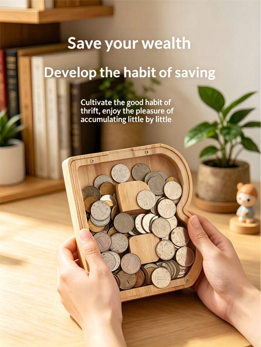 Large Letter Wooden Money Box, Letter-Shaped Design, Customizable 26 Starting Letters, Cultivate Saving Habits, Visible Wealth Growth, Suitable As Birthday Gift, Christmas Gift, Gift For Her/Him, Party Favor, Souvenir, Desk Decor