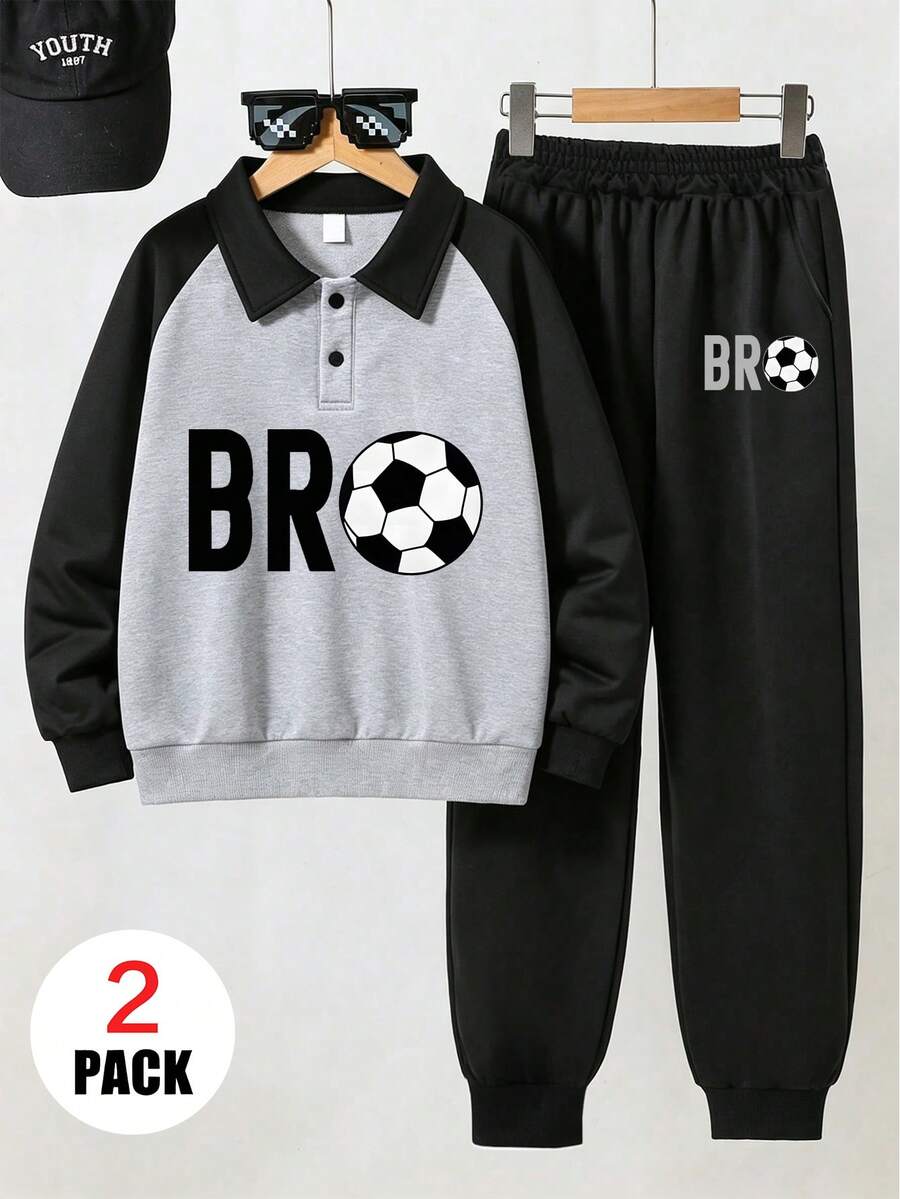 Boys' 2pcs Polo Collar Sweatshirt & Sweatpants Set, Football Letter Print, Comfortable & Soft, Suitable For Commuting, School And Sports - Multicolor - View 1