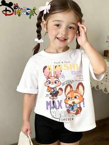 Disney Zootopia Kids T-Shirt, Judy Hopps & Nick Wilde "Kimshi" Music Retro Graphic Tee, White Short Sleeve For Girls - 白色 - 查看 1