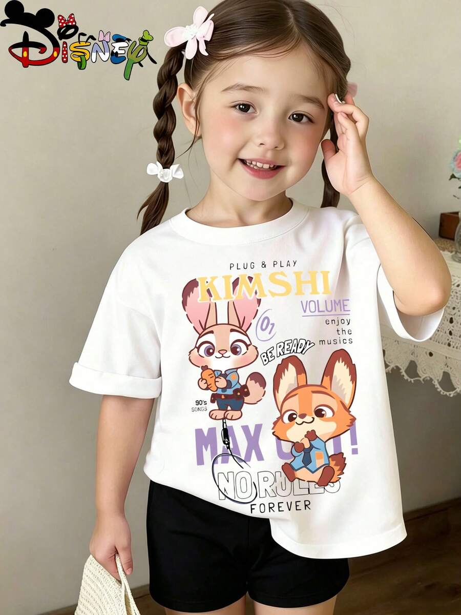 Disney Zootopia Kids T-Shirt, Judy Hopps & Nick Wilde "Kimshi" Music Retro Graphic Tee, White Short Sleeve For Girls - 白色 - 查看 1