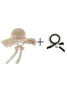 Sombrero Visera para Mujeres con Borde de Encaje, Sombrero de Paja de Ala Ancha y Sombrero de Paja de Ala Ancha Enrollable con Coleta, Sombrero de Playa de Verano con Protección UV UPF, Plegable y Portátil para Viajes, Estilo Bohemio con Lazo - Multicolor 4 - Ver 7
