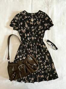 Women's Black Ditsy Floral Mini Dress With Ruffle Collar, Bowknot Front And Petal Sleeves Elegant - Black - View 2