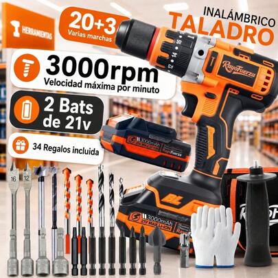 Taladro Inalámbrico Percutor 21V 3000mAh RayoFuerza, 20+3 Modos Torque Ajustable, 0-3000 RPM, Batería Litio Recargable con LED, para Madera Metal Concreto Azulejo, Kit con Accesorios,herramientas para hombre,