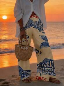 Women's Spring/Summer Casual Comfortable Pocket Bohemian Vacation Set, English Letter Multi-Style Ugly Fish Contrast Color Latin Fish Print Long Pants - Apricot - View 9