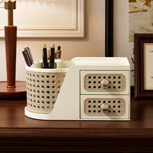 Retro Rattan Style Rotating Pen Holder With Drawers, Multi-Functional Desk Organizer For Stationery, Cosmetics & Small Accessories, Ideal For Office, Bedroom & Home Use - View 9