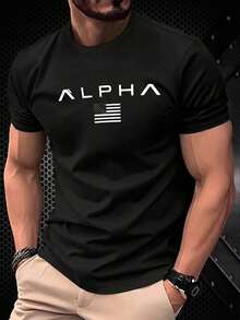 Camiseta de manga corta verde de 100% poliéster con diseño personalizado, texto "ALPHA" e impresión de logotipo minimalista, ropa casual transpirable para hombres, tela ligera, adecuada para - Negro - Ver 1