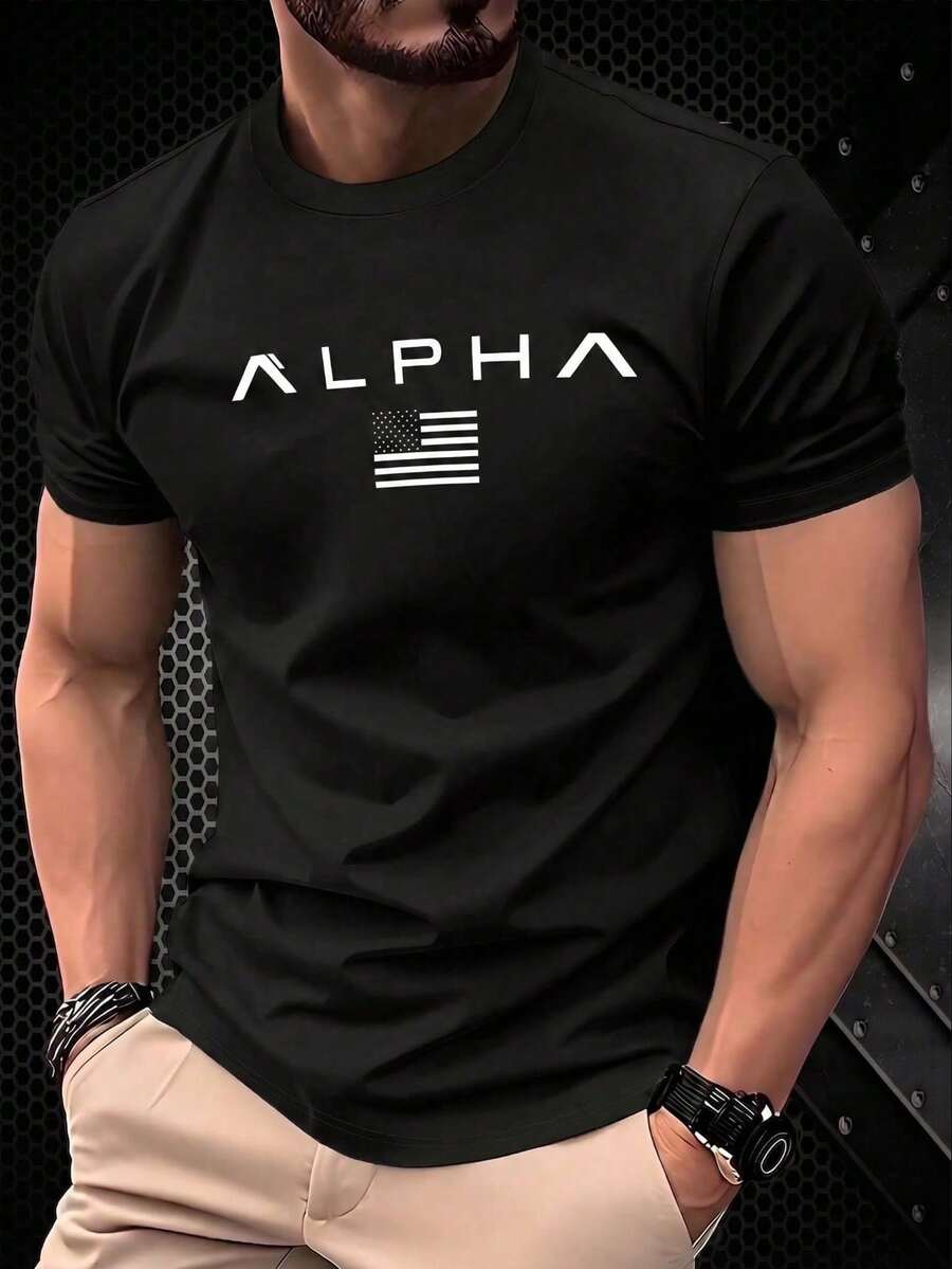 Camiseta de manga corta verde de 100% poliéster con diseño personalizado, texto "ALPHA" e impresión de logotipo minimalista, ropa casual transpirable para hombres, tela ligera, adecuada para - Negro - Ver 1