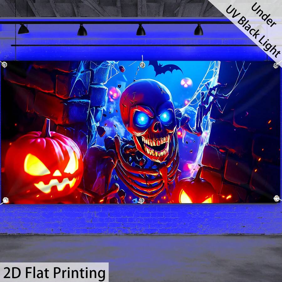 [2D Flat Print] 1pc Cool Skull Pumpkin Oversized Halloween Polyester Garage Door Decor, Multi-Purpose Holiday Decoration, Home And Yard Decor - 2 - View 1