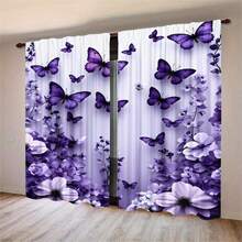 2 PIEZAS Cortinas Semitransparentes con Estampado Floral y Mariposa Púrpura. Bolsillo para Barra sin Taladro, Fácil de Instalar y Deslizar Suavemente. Tela de Poliéster, Secado Rápido, Lavable a Mano y a Máquina. Perfecto para Dormitorio, Sala de Estar, Decoración de Cocina y Divisores de Habitación. - Multicolor 1 - Ver 14
