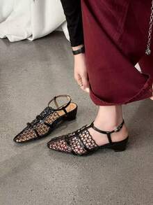 Sandalias romanas de mujer 2026 de verano, estilo vintage de moda, negras, de malla tejida calada, punta fina, tacón grueso, punta cerrada, diseño único de alta gama, cómodas, ligeras y versátiles - Negro - Ver 2