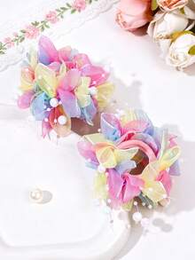 1/2件裝女孩彩色網紗花朵大腸圈，珍珠花朵彈性馬尾髮圈，運動日常度假禮物、婚禮派對髮飾頭飾 - 彩色 - 查看 8