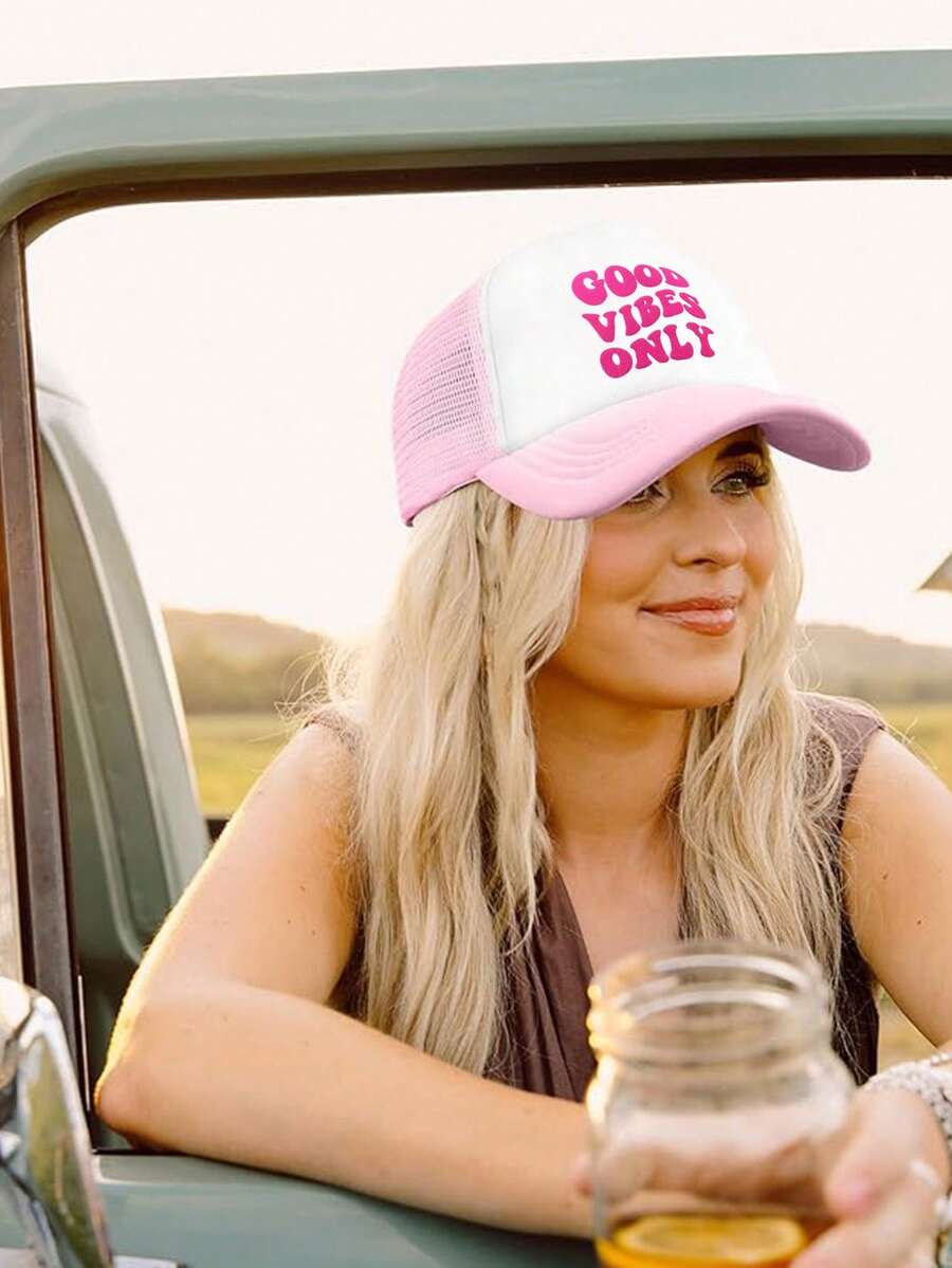 1pc Unisex Fun Letter Print Colorblock Foam Mesh Trucker Hat, Summer Casual Vacation Sun Hat, Suitable For Daily Summer Outings And Sun Protection - R - View 1