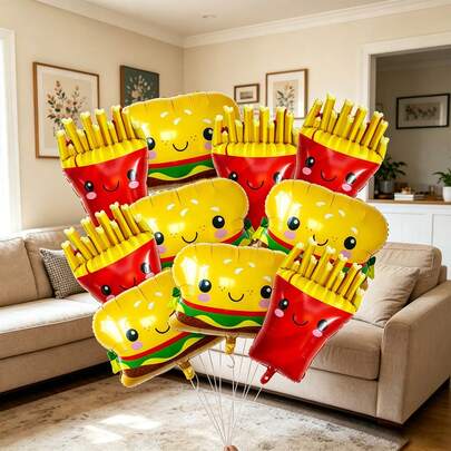 10pcs French Fries And Burger Foil Balloons, Suitable For Birthday Fast Food Snack Theme Party/Wedding Dessert Table/Theme Restaurant Decoration, Decorative Supplies