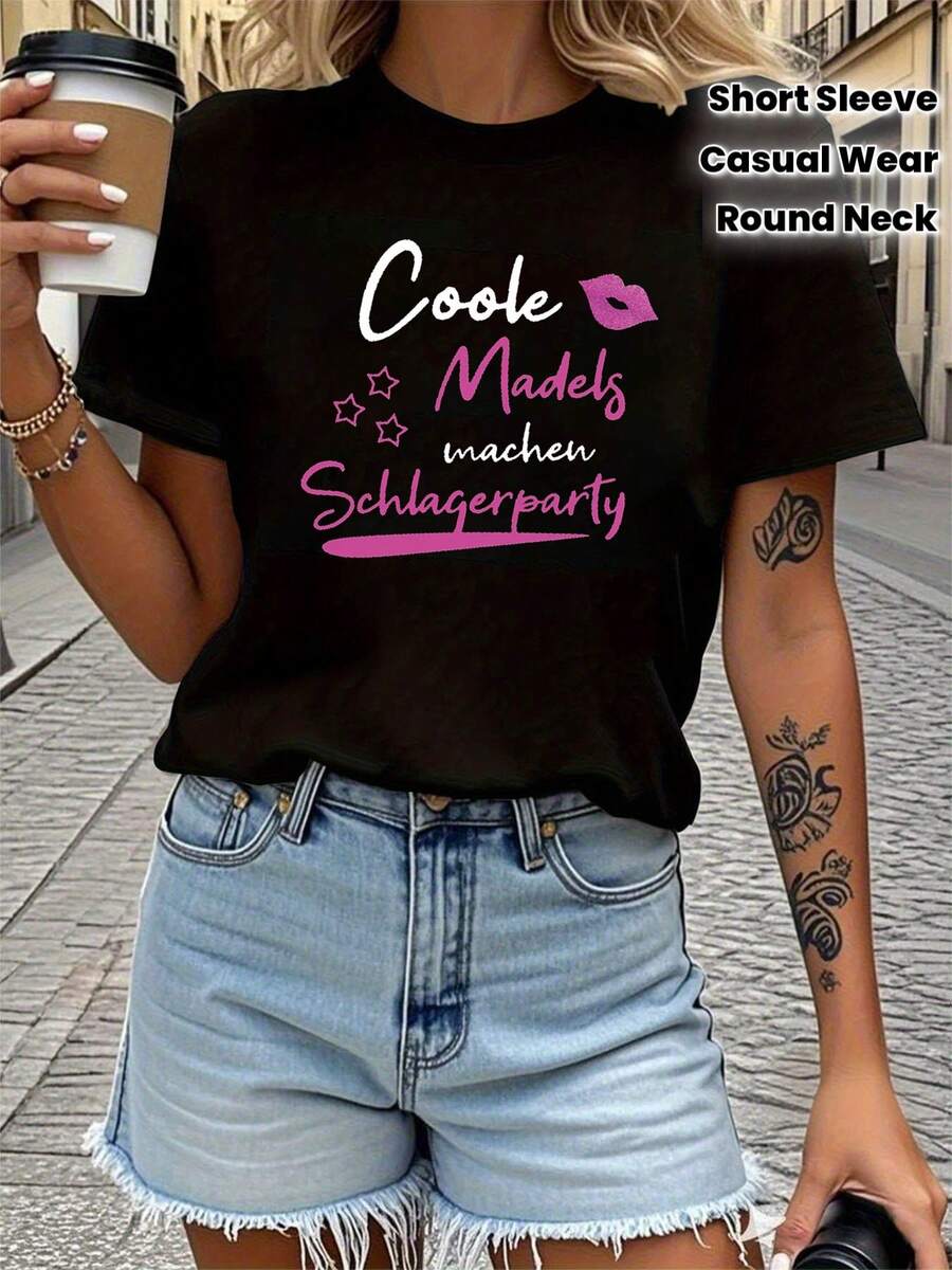 Camiseta con estampado de letras 'Schlager Party', de manga corta y cuello redondo, estilo casual para verano y primavera, ropa de mujer 2026 - Negro - Ver 1