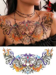 Waterproof Lady Temporary Tattoo Sticker For Women, Colorful Chicano Chest Fake Tattoo, Long Lasting Body Art For Collarbone Chest Shoulder - Multicolor - View 4