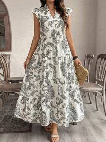 guang zhou mi qian shang mao  Vestido elegante de manga corta con estampado floral de anacardo de estilo bohemio para vacaciones, adecuado - Blanco y Negro - Ver 5