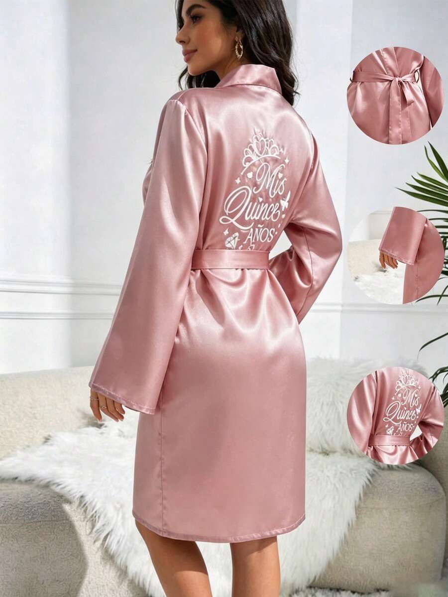 女款緞面皇冠刺繡睡袍，繫帶式奢華居家服，夏季輕盈、秋冬舒適，百搭睡衣/睡裙，適合日常穿著