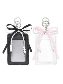 1 PC Transparent Photocard Holder With Pearl Bow & Hook Loop Closure - Suitable For Bus ID Badges, Opening Display Case For Photocard, Back To School - Multicolor - View 1
